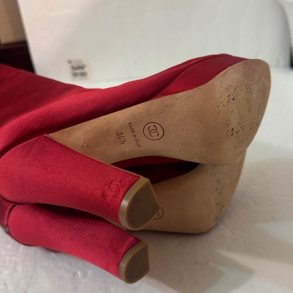 38.5/8❤️CHANEL Runway Red Satin Leather OVER THE KNEE HIGH HEEL Platform BOOTS - Picture 12 of 15